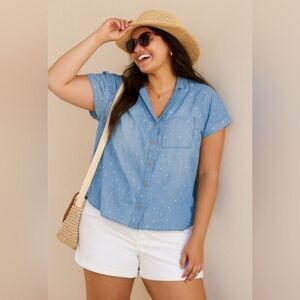 Sonoma Womens Blue 100% Cotton‎ All Over Print Short Sleeve Button Shirt sz 2X